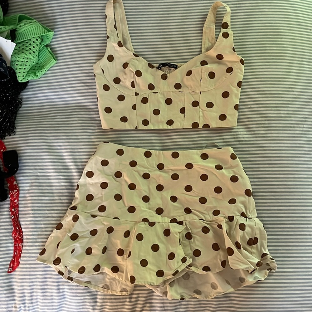Cream and brown polkadot set. Crop top with ruffle mini skirt.